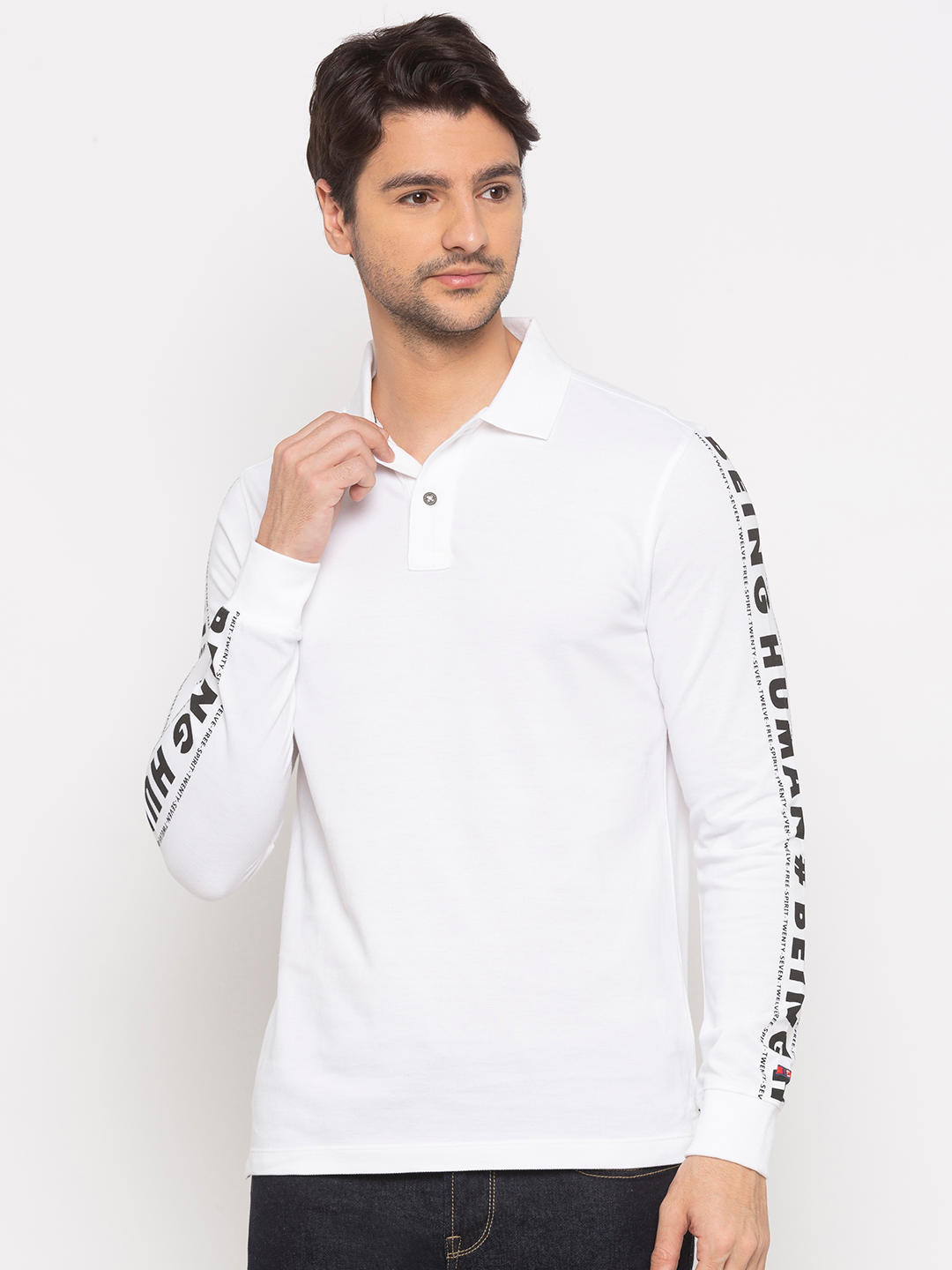 white long sleeve polo neck