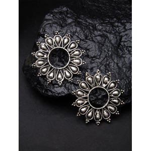 Silver Plated Oxidised Floral Stud Earring