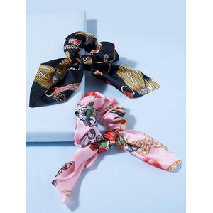ToniQ Monochrome Floral print Bow Scrunchie Rubber band Gift set  (set of 2)