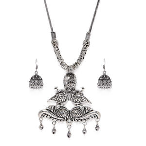 Ghungroo Silver Plated Oxidised Peacock Jewellery Set