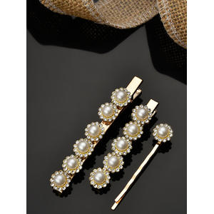 Set of 3 Pearls Stones Gold Plated Alligator Hair Clip