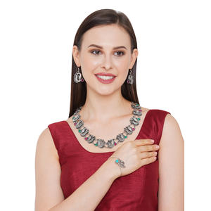 Ruby Emrald Silver Plated Oidised Peacock Necklace, Earring Set & Bracelet