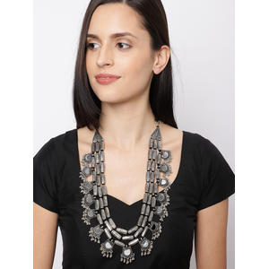 Mirror Ghungroo Silver Plated Oxidised Multistrand Necklace