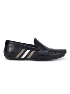 Black Plain Leather Moccasins With Stripes