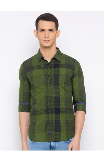 Green Checked Slim Fit Casual Shirt