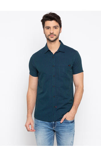 Green Striped Slim Fit Casual Shirt