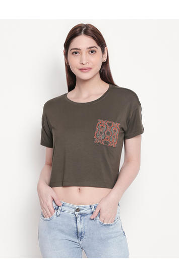 Olive Printed Pocket Crop Fit T-shirt