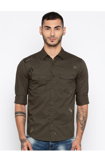 Olive Solid Slim Fit Casual Shirts