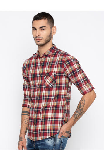 Red Checked Slim Fit Casual Shirts