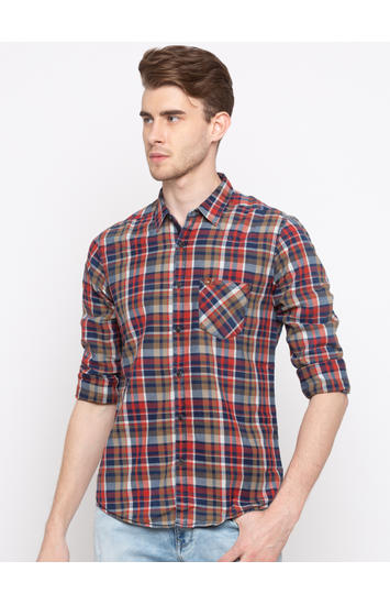 Navy & Olive Checked Slim Fit Casual Shirts