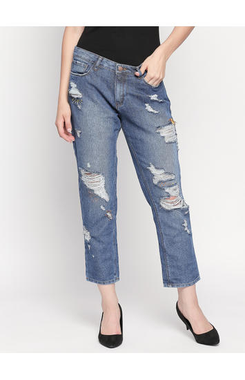 Mid Blue Ripped High Rise Jeans