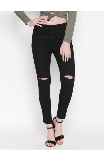 Black Ripped Super Skinny Ankle Length Jeans
