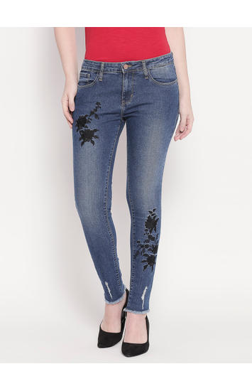 Mid Blue Embroidered Distress Super Skinny Fit Jeans