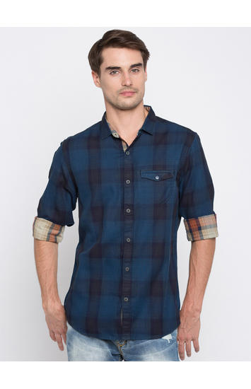 Navy Checked Slim Fit Casual Shirts