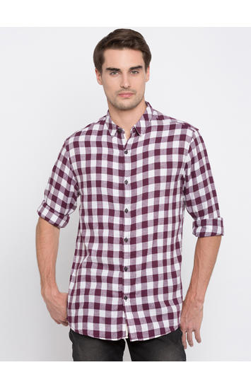 Purple Checked Slim Fit Casual Shirts