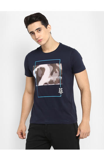 Navy Printed Slim Fit T-Shirts