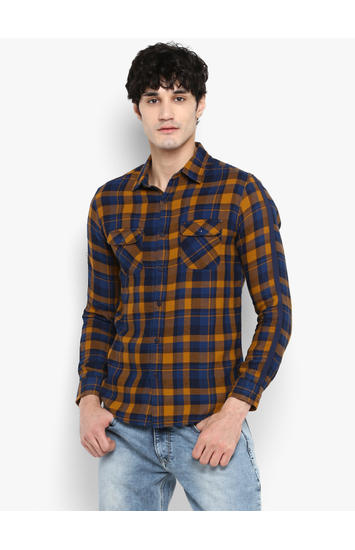 Mustard Checked Slim Fit Casual Shirts