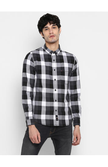 Grey Checked Slim Fit Casual Shirts