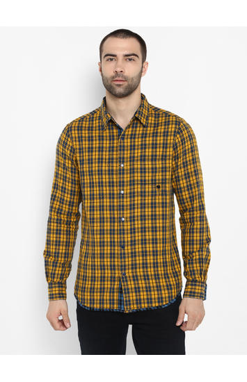 Blue & Yellow Checked Slim Fit Casual Shirts