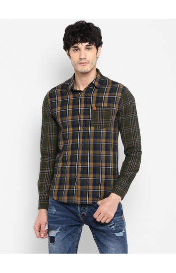 Olive Checked Slim Fit Casual Shirts
