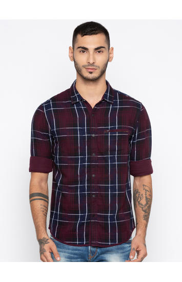 Wine & Navy Checked Slim Fit Casual Shirts