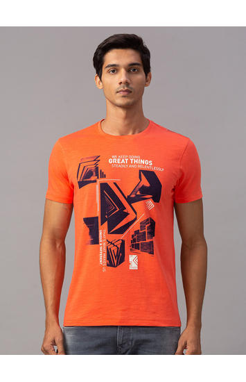 Spykar Orange Cotton Slim Fit T-Shirts (Slim)