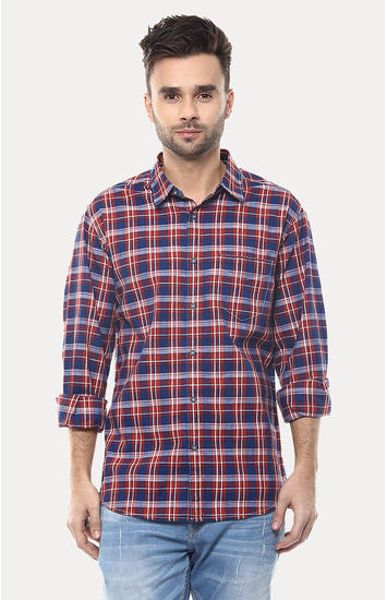 Red & Blue Checked Slim Fit Casual Shirts