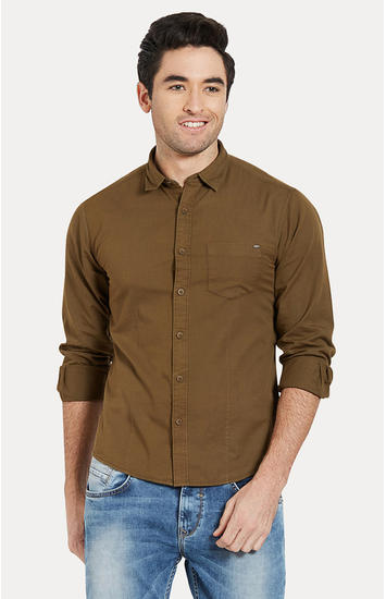 Olive Solid Slim Fit Casual Shirts