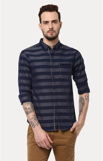 Navy Striped Slim Fit Casual Shirts