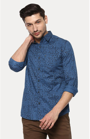 Blue Printed Slim Fit Casual Shirts