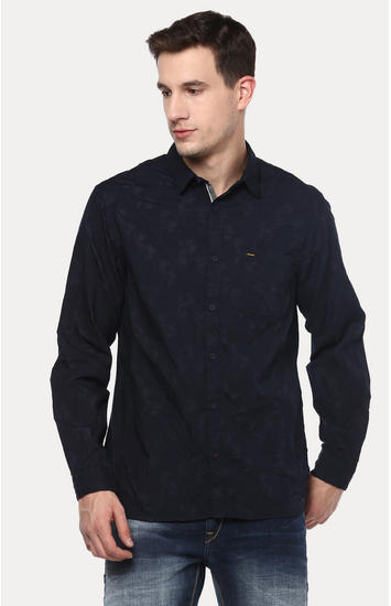 Navy Blue Printed Slim Fit Casual Shirts