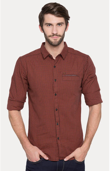 Rust Checked Slim Fit Casual Shirts