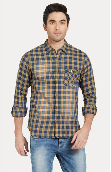 Yellow Checked Slim Fit Casual Shirts