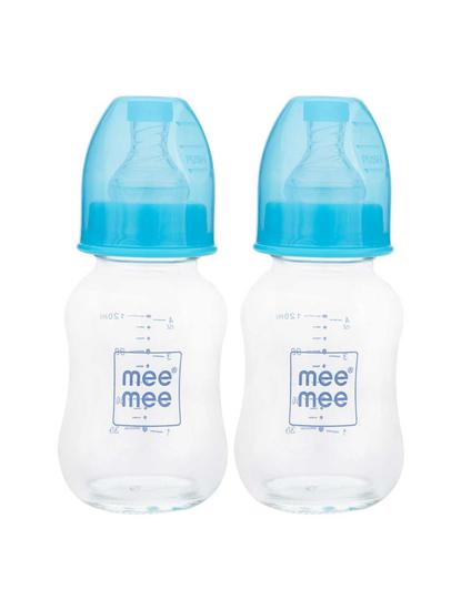 Mee Mee Premium Glass Feeding Bottle - Blue (125 ml, Pack of 2)