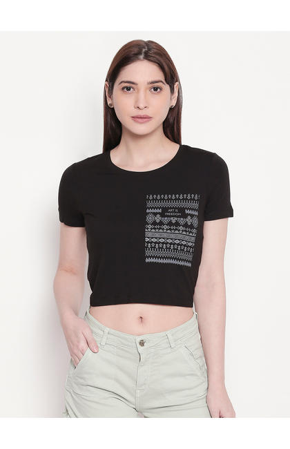Black Printed Crop Fit T-shirt