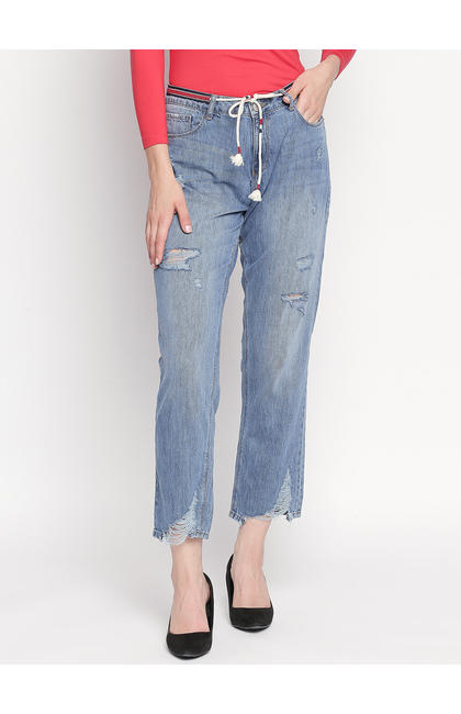 Mid Blue Ripped High Rise Jeans