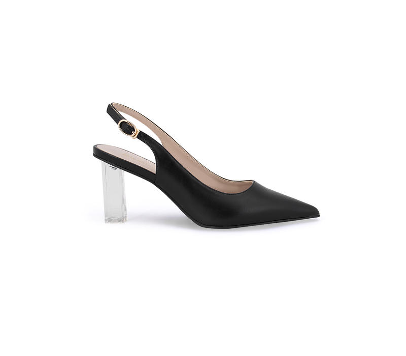 Black Pointed toe Slingbacks with Clear Block Heel