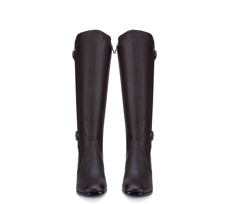 Coffee Knee High Boots With Buckle Embellishment