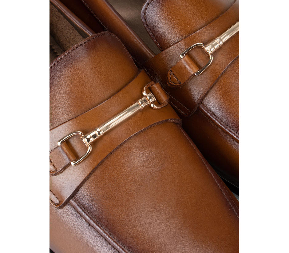 Tan Metal Buckled Loafers