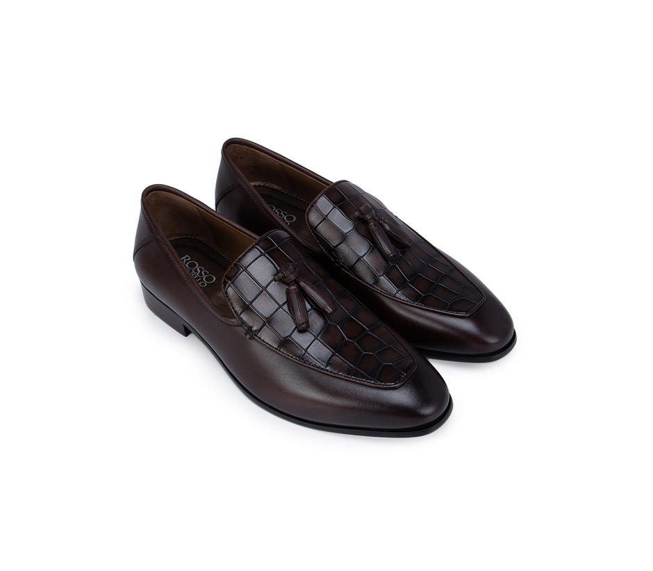 Coffee Croco Effect Loafers With Tassels