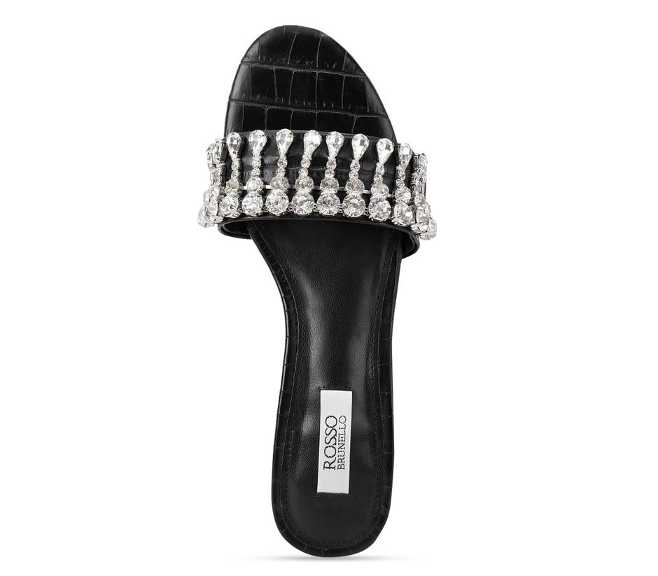 Black Croco Effect Embellished Heels