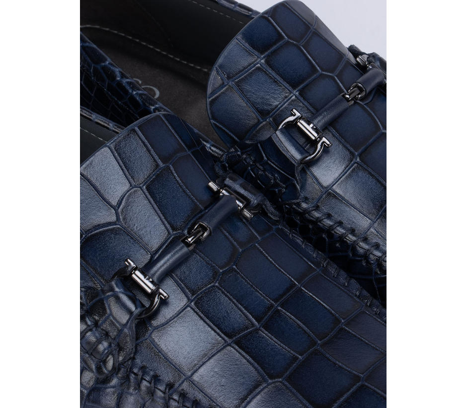 Navy Croco Textured Moccasins With Buckle